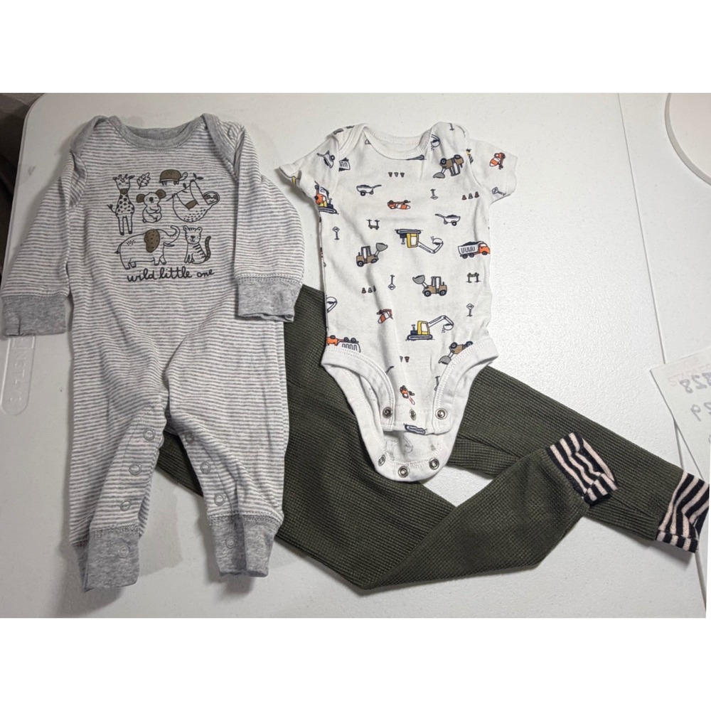 Carters Baby Bodysuit Lot & Dreamwear Pants 3M NB 18M Animal Construction Olive - Picture 10 of 11